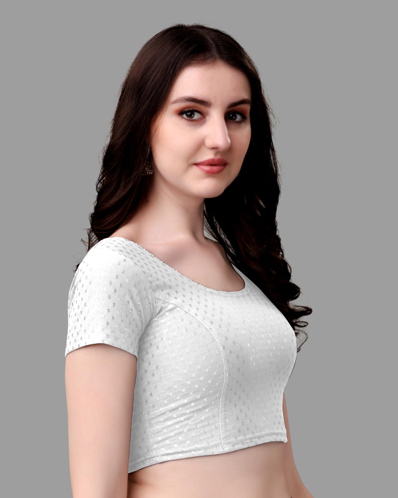 Kipzy Women's Cotton Stretchable Saree Blouse – Round Neck, Short Sleeves, Readymade Slim Fit Blouse for Women (White, 34) - Image 5