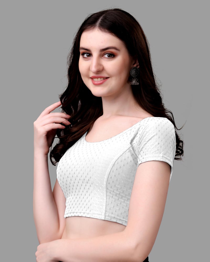 Kipzy Women's Cotton Stretchable Saree Blouse – Round Neck, Short Sleeves, Readymade Slim Fit Blouse for Women (White, 34) - Image 4