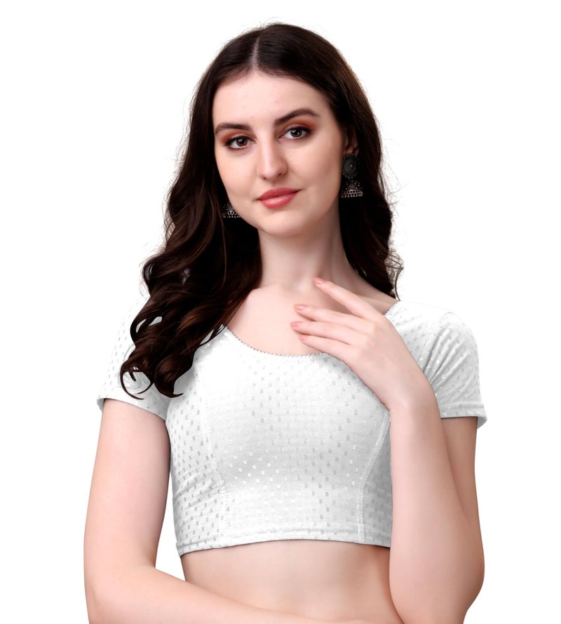 Kipzy Women's Cotton Stretchable Saree Blouse – Round Neck, Short Sleeves, Readymade Slim Fit Blouse for Women (White, 34) - Image 1