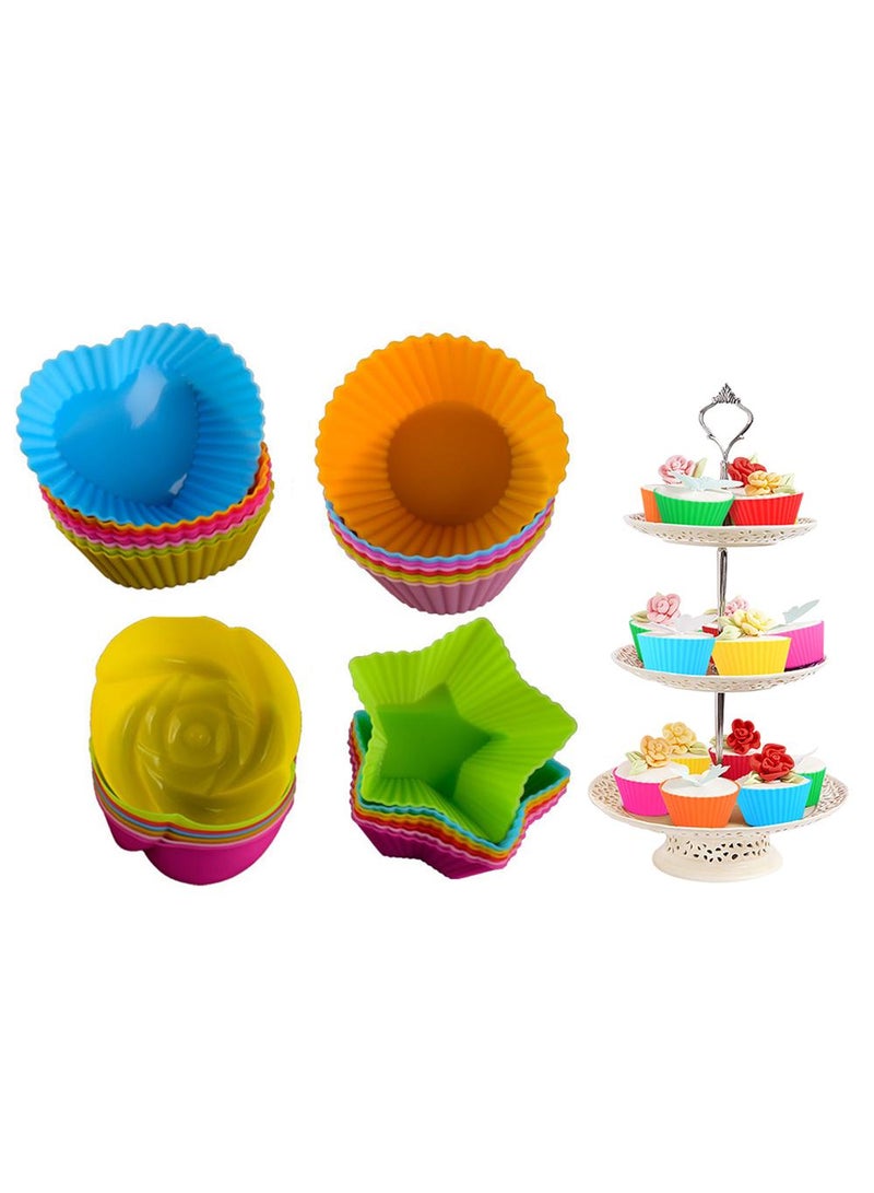 Sweet seven أكواب كعك سيليكون قابلة لإعادة الاستخدام - مجموعة من 24 | أكواب خبز غير لاصقة | قوالب مافن سهلة التنظيف - 4 أشكال: دائري، نجوم، قلب، زهور | ملحقات معجنات ملونة بألوان عشوائية - Image 1