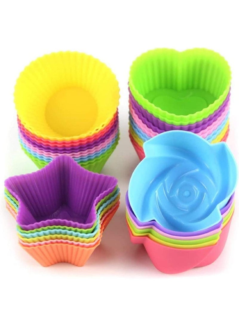 Sweet seven أكواب كعك سيليكون قابلة لإعادة الاستخدام - مجموعة من 24 | أكواب خبز غير لاصقة | قوالب مافن سهلة التنظيف - 4 أشكال: دائري، نجوم، قلب، زهور | ملحقات معجنات ملونة بألوان عشوائية - Image 5