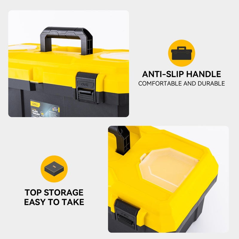 Deli 18 Inch Tool Box with Lock, 2-Layer Heavy-Duty Organizer with Removable Tray, Liftable Lid for Small Parts, 29lb Capacity & Carry Handle for Tools, Camping, Medical Supply Storage - Image 3