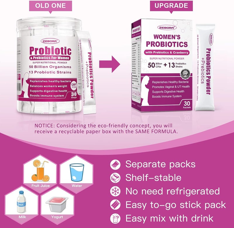 ZEBORA Probiorics for Women Probiotics Powder 50 Billion CFUs 13 Strain Womens Probiotics with Prebiotics for Digestive Health and Immune Support Cranberry for Urinary  Vaginal Health 30DaySupply - Image 3
