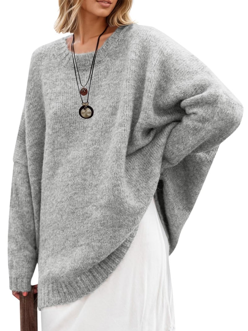 Saodimallsu Womens Oversized Tunic Sweaters Long Sleeve Crew Neck Chunky Knit Slouchy Casual Pullover Sweater Tops Grey - Image 1