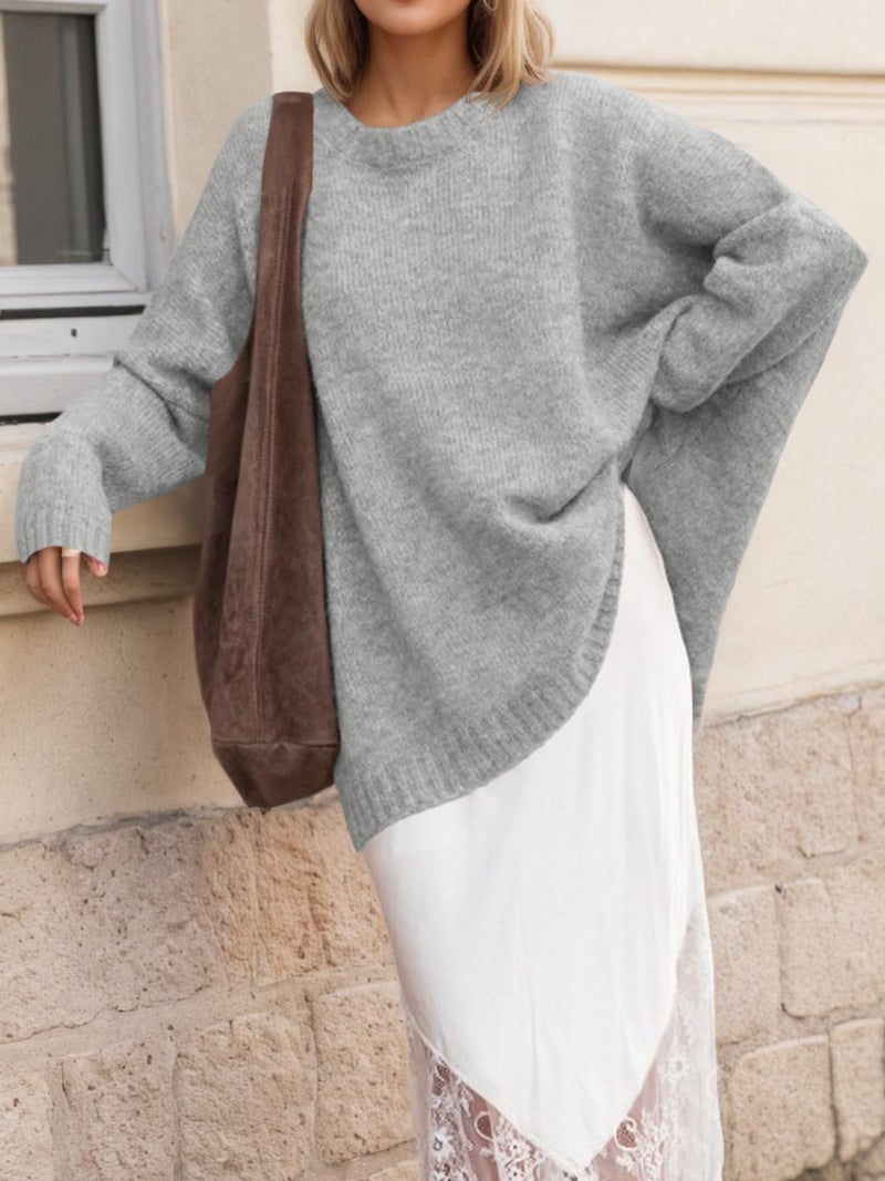 Saodimallsu Womens Oversized Tunic Sweaters Long Sleeve Crew Neck Chunky Knit Slouchy Casual Pullover Sweater Tops Grey - Image 2
