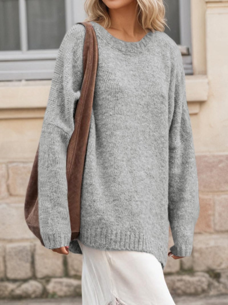 Saodimallsu Womens Oversized Tunic Sweaters Long Sleeve Crew Neck Chunky Knit Slouchy Casual Pullover Sweater Tops Grey - Image 3