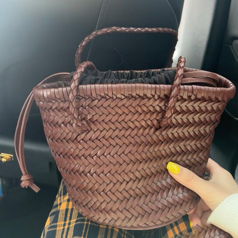 Z Brand Woven Bag Summer Tote Basket Bag French Retro Pu Leather Handmade Woven Bag Bucket Bag - Image 2