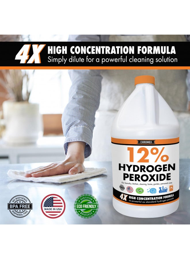Chromex Hydrogen Peroxide 12 Percent Food Grade, 4X Power Concentrated Solution, Dilutes to 4 Gallons, Versatile Uses Include Topical Care, Home, Kitchen, Bath Cleaner, Laundry, Whitening, 1 Gallon - Image 1