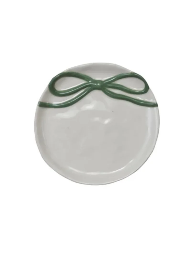 The Saffron Souk Stoneware Trinket Dish with Bow- Green