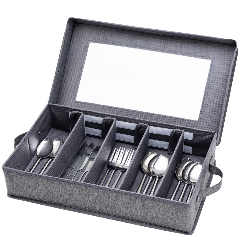 Lafulling Silverware Storage Box, Flatware Storage, Utensil Storage with Removable Lid and Adjustable Dividers for Organizer Utensils, Cutlery, Flatware, Knives, Large Capacity Gray - Image 1