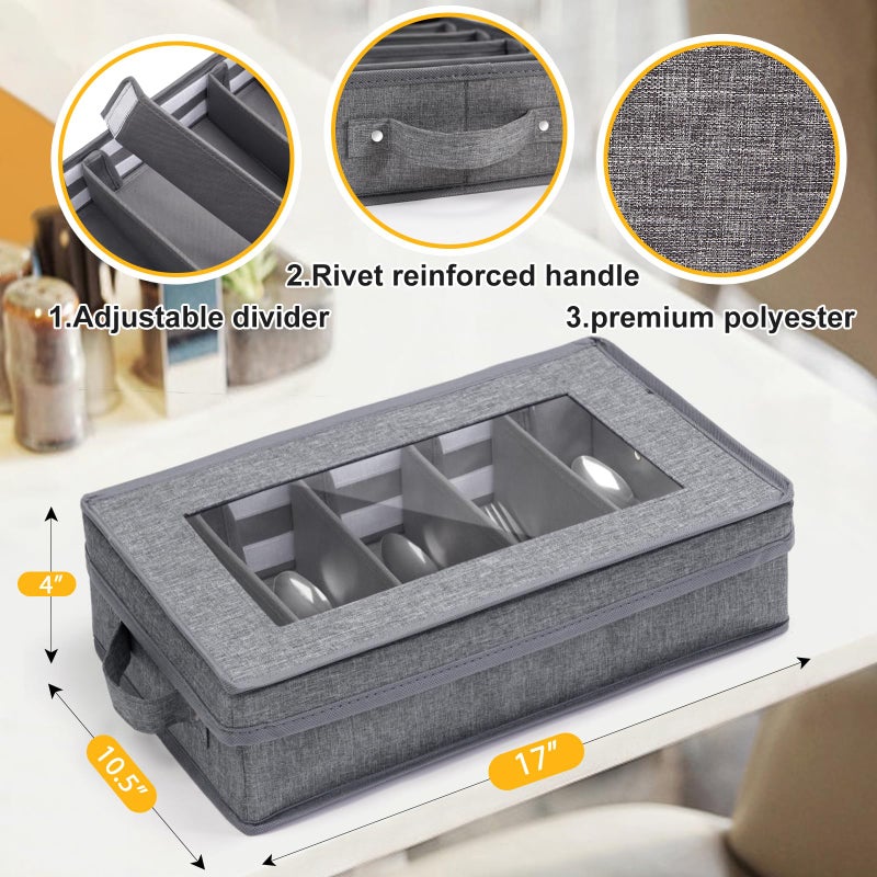 Lafulling Silverware Storage Box, Flatware Storage, Utensil Storage with Removable Lid and Adjustable Dividers for Organizer Utensils, Cutlery, Flatware, Knives, Large Capacity Gray - Image 3