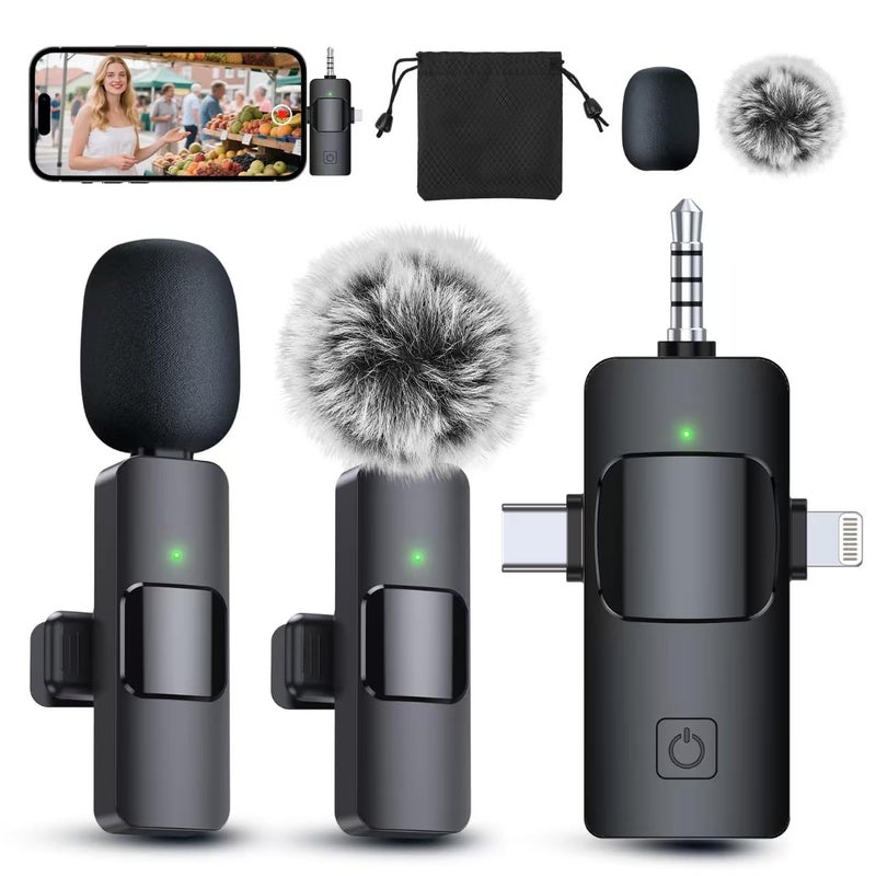 PQRQP 3 in 1 Professional Wireless Lavalier Microphone for iPhoneAndroidCamera Wireless Microphones Mini Microphone Crystal Clear Sound Quality for Recording Live Streaming ClipsElegant Black - Image 2