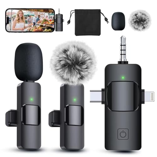 PQRQP 3 in 1 Professional Wireless Lavalier Microphone for iPhoneAndroidCamera Wireless Microphones Mini Microphone Crystal Clear Sound Quality for Recording Live Streaming ClipsElegant Black - Image 1
