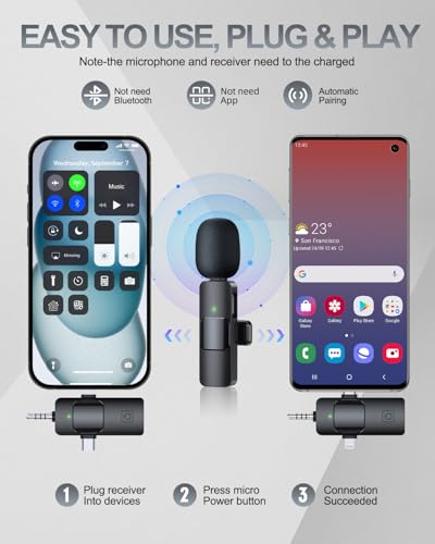 PQRQP 3 in 1 Professional Wireless Lavalier Microphone for iPhoneAndroidCamera Wireless Microphones Mini Microphone Crystal Clear Sound Quality for Recording Live Streaming ClipsElegant Black - Image 3