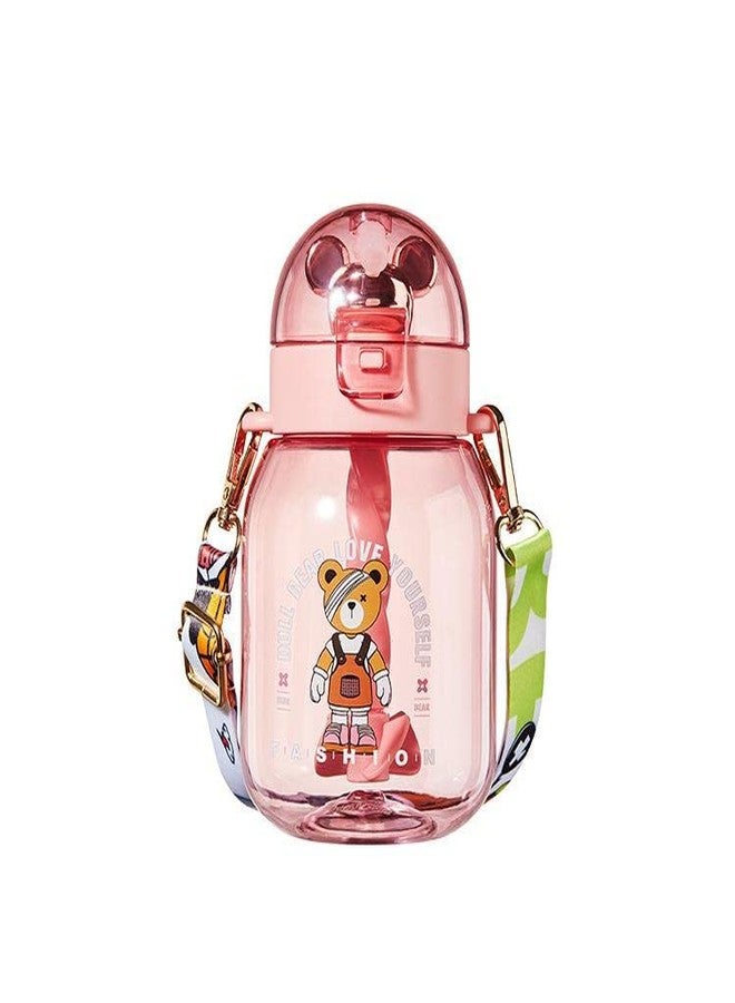 ماياترا زجاجة مياه ماياترا المدرسية للأطفال - زجاجة مياه تريتان مزودة بماصة وحزام قابل للتعديل للأطفال، زجاجة مياه برسومات كرتونية لطيفة للأولاد والبنات (600 مل) (وردي) - Image 1