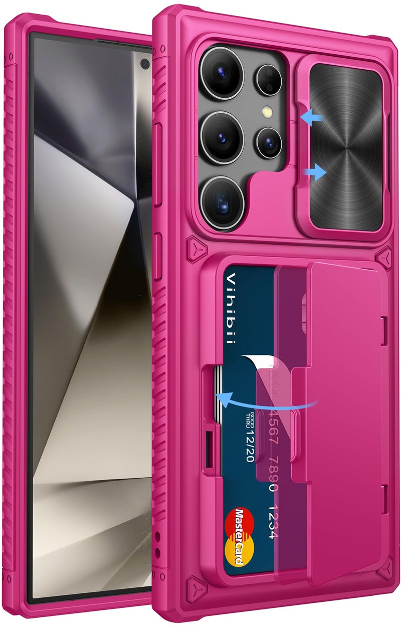 Vihibii for Samsung Galaxy S24 Ultra Case with Card Holder (4 Cards) & Slide Camera Cover & Kickstand, Shockproof Rugged Hard Back & TPU Soft Edge Wallet Case for Galaxy S24 Ultra (Pink) - Image 1