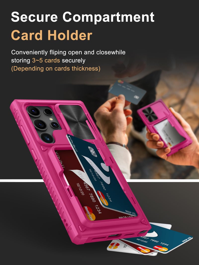 Vihibii for Samsung Galaxy S24 Ultra Case with Card Holder (4 Cards) & Slide Camera Cover & Kickstand, Shockproof Rugged Hard Back & TPU Soft Edge Wallet Case for Galaxy S24 Ultra (Pink) - Image 3