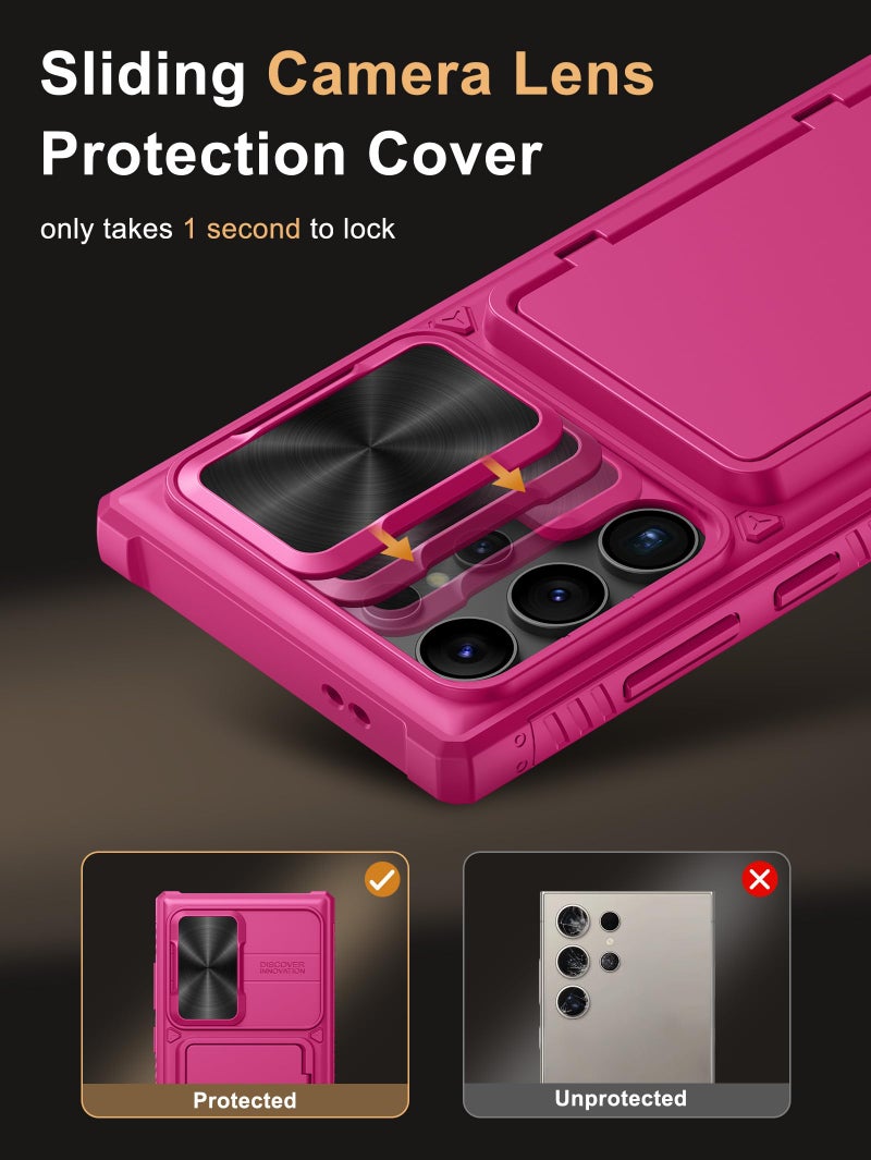 Vihibii for Samsung Galaxy S24 Ultra Case with Card Holder (4 Cards) & Slide Camera Cover & Kickstand, Shockproof Rugged Hard Back & TPU Soft Edge Wallet Case for Galaxy S24 Ultra (Pink) - Image 4