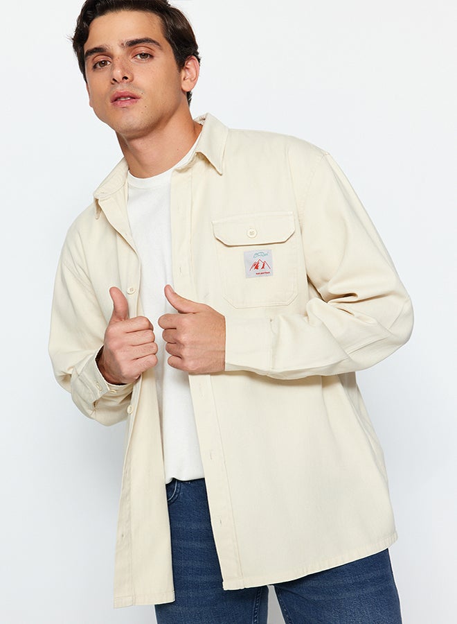 trendyol Stone Relaxed Fit Label Detailed Single Pocket Gabardine Textured Shirt Jacket TMNAW24GO00061 - Image 3