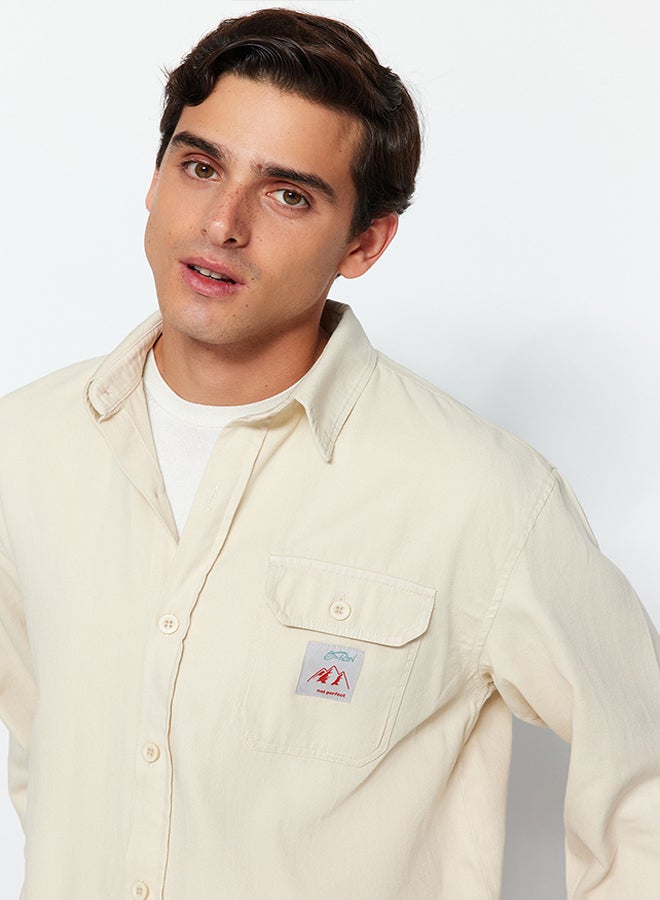 trendyol Stone Relaxed Fit Label Detailed Single Pocket Gabardine Textured Shirt Jacket TMNAW24GO00061 - Image 5