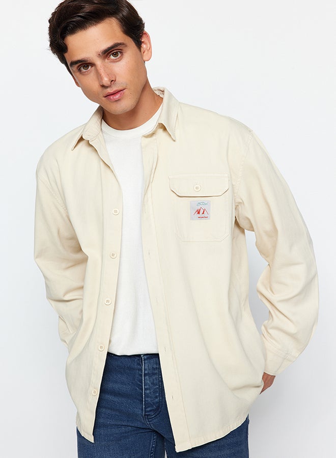 trendyol Stone Relaxed Fit Label Detailed Single Pocket Gabardine Textured Shirt Jacket TMNAW24GO00061 - Image 4