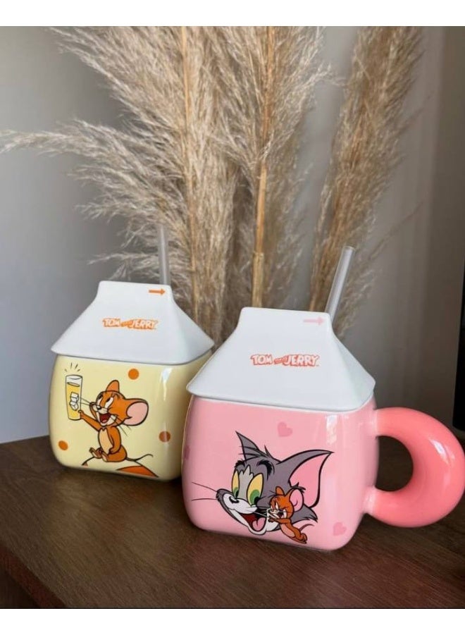 Tom & Jerry Tom and Jerry 350ml Porcelain Mug with Straw and Original Box - Double Design and Multicolor - Image 2