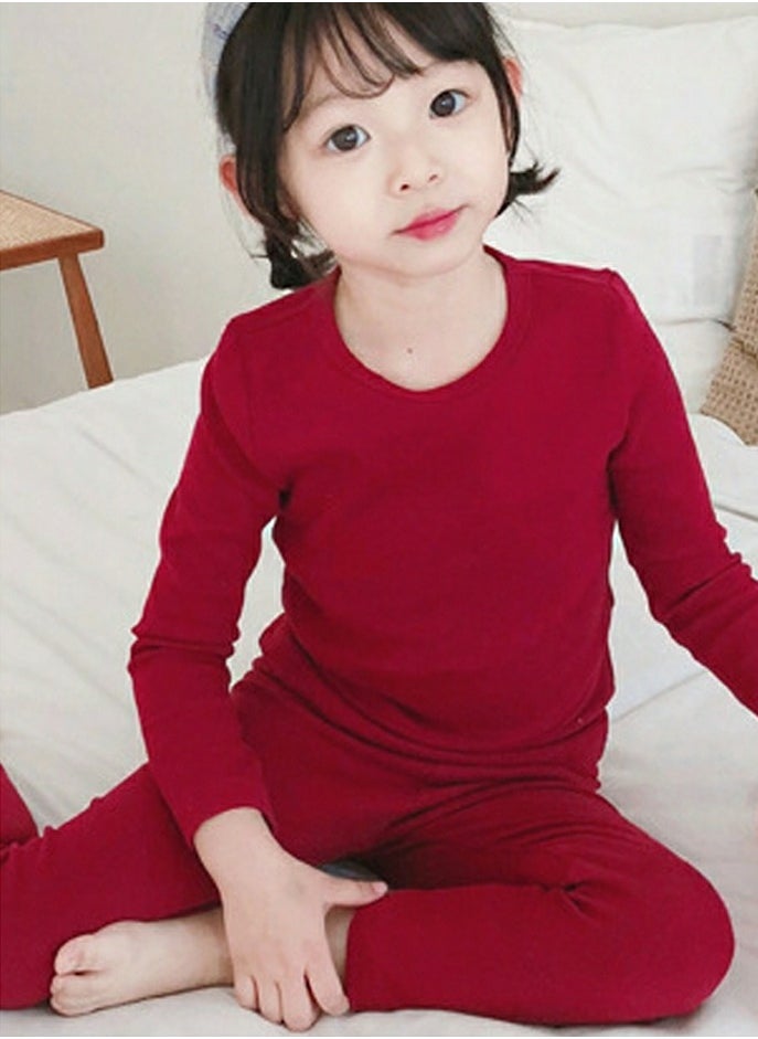 Loquat - Kids Solid Color Thermal Underwear Set Cotton Soft Long Johns Base Layer Top & Bottom Children's Pajama Set Wine Red - Image 1