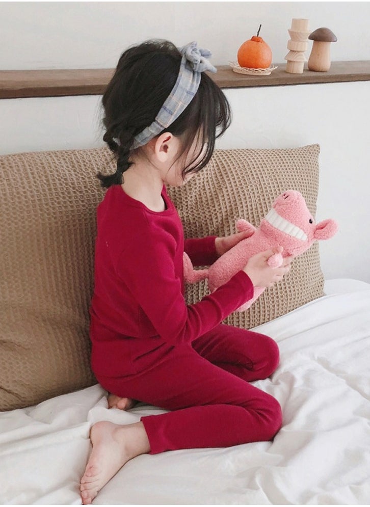 Loquat - Kids Solid Color Thermal Underwear Set Cotton Soft Long Johns Base Layer Top & Bottom Children's Pajama Set Wine Red - Image 1