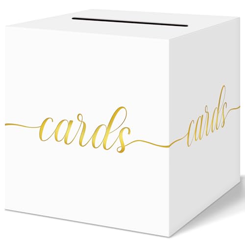 QIKSION White Wedding Card Box Gold Foil Gift Card Box for Party Wedding Reception Birthday Graduation Decorations Baby Bridal Shower Anniversary Retirement - Image 1