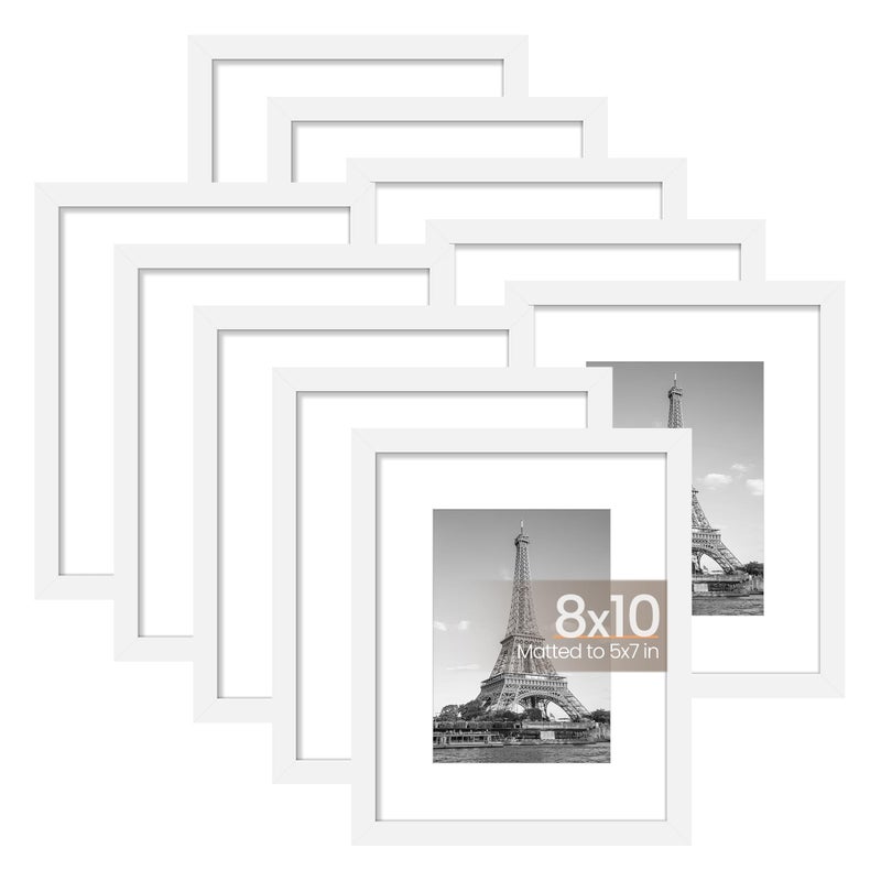 upsimples 8x10 Picture Frame Set of 10 Display Pictures 5x7 with Mat or 8x10 Without Multi Photo Frames Collage for Wall or Tabletop Display White