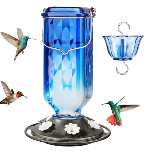 Kingsyard Glass Hummingbird Feeder for Outdoor Hanging 24 Ounces 6 Feeding Ports Bird Nectar Feeder for Garden Dcor Ant Moat Included Blue