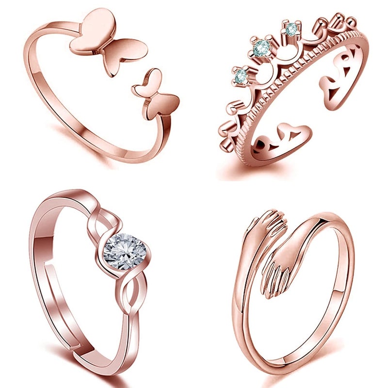 Okos Rose Gold Plated CZ Jewellery Combo of 4 Designer Finger Rings Adorned With White CZ Stones for Girls and Women CO1000427 - Image 1