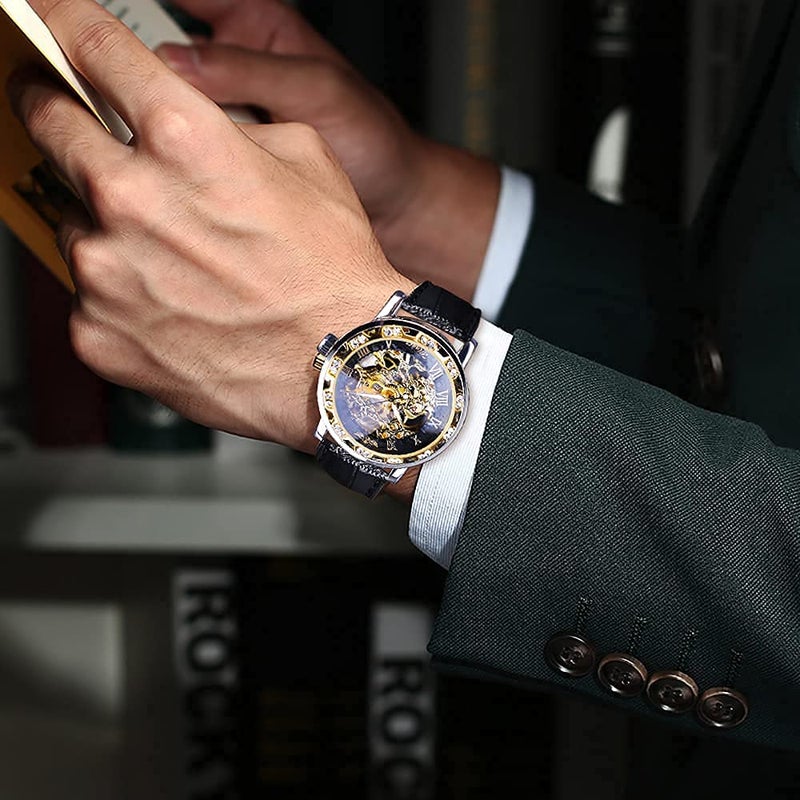 FORSINING Winner Retro Manual Mechanical Skeleton Watch with Diamond and Carving Flower Craft Men Skeleton Wrist Watch Mechanical Classic Roman Number - Image 5