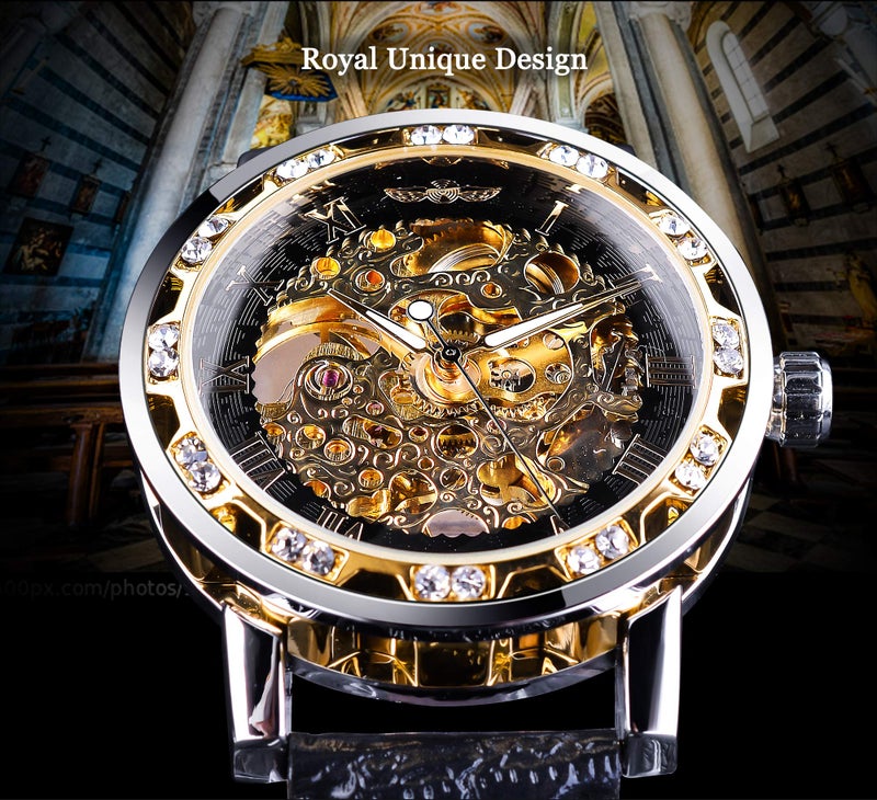 FORSINING Winner Retro Manual Mechanical Skeleton Watch with Diamond and Carving Flower Craft Men Skeleton Wrist Watch Mechanical Classic Roman Number - Image 2