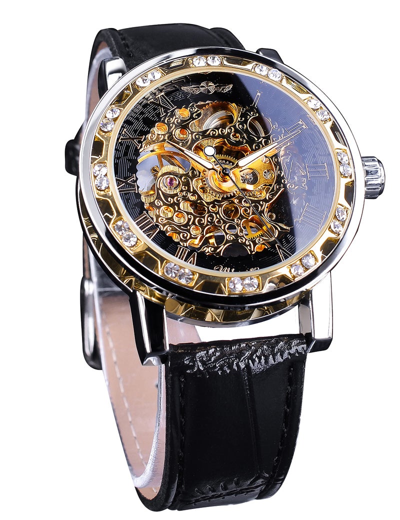 FORSINING Winner Retro Manual Mechanical Skeleton Watch with Diamond and Carving Flower Craft Men Skeleton Wrist Watch Mechanical Classic Roman Number - Image 1