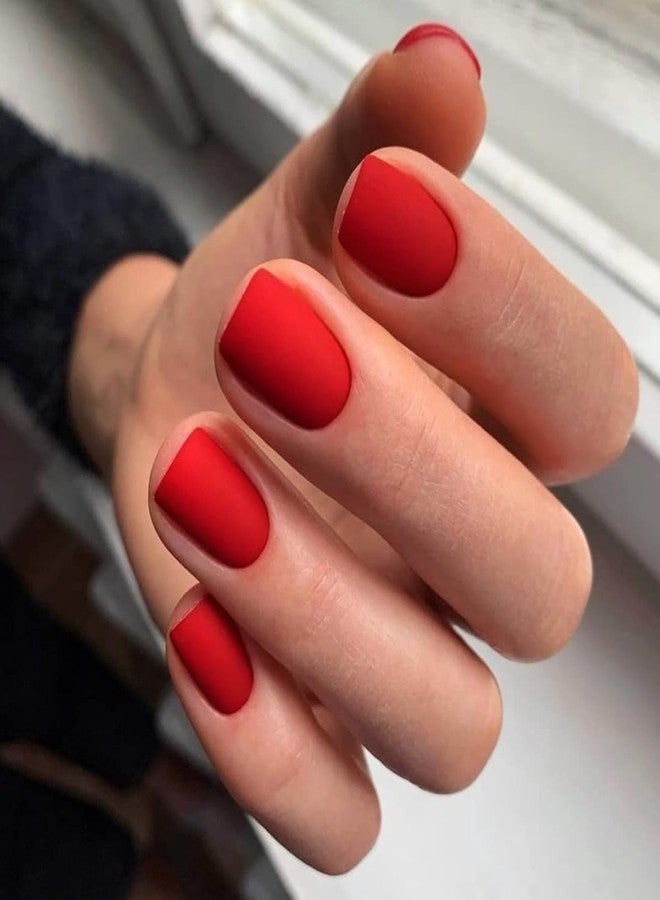XCREANDO Matte Red Press on Nails Short Square, Light Red Fake Nails Short Square Nails Press ons, Soft Gel Acrylic Glue on Nails Stick on for Women Fall Winter 24 Pcs - Image 2