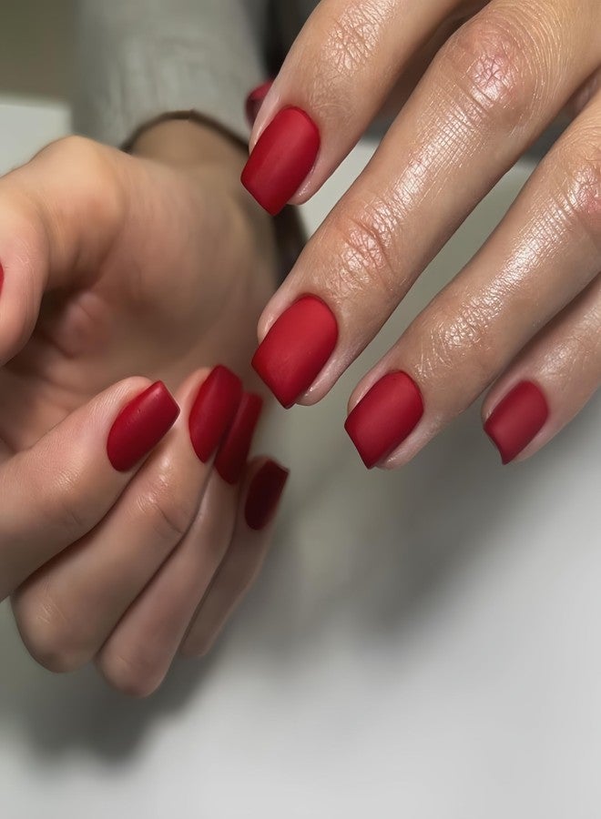 XCREANDO Matte Red Press on Nails Short Square, Light Red Fake Nails Short Square Nails Press ons, Soft Gel Acrylic Glue on Nails Stick on for Women Fall Winter 24 Pcs - Image 1