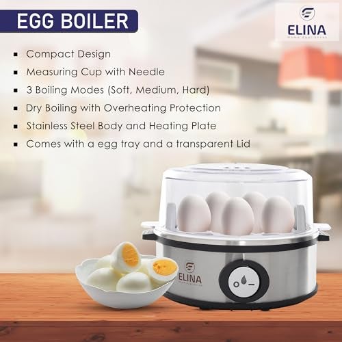 Elina Smart Stainless Steel Egg Boiler | Boil up to 7 Eggs - 360 Watts | 3 Boiling levels: Soft, Middle and Hard | Automatic, Overheat Protection | Easy to clean | 1Year Warranty - Image 4