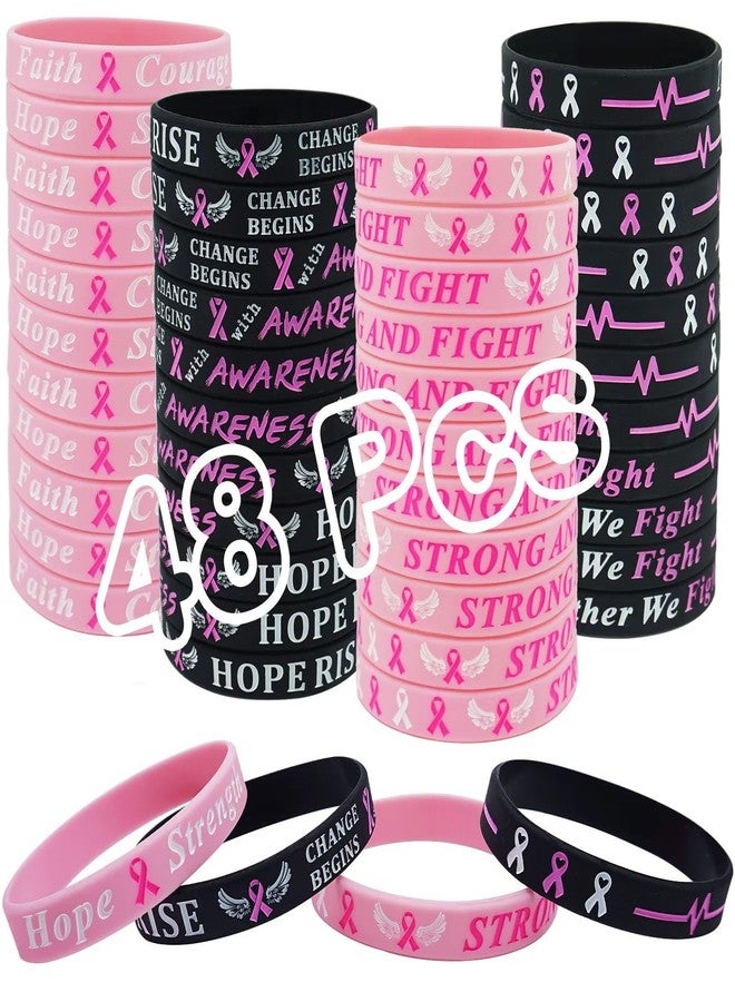 ETHOON 48 Pcs Breast Cancer Awareness Bracelets Bulk Items Hope Faith Strength Courage Silicone Wristbands for Women Pink Ribbon Breast Cancer Awareness Month Favors Fundraiser Survivors Gifts (4 Designs) - Image 1