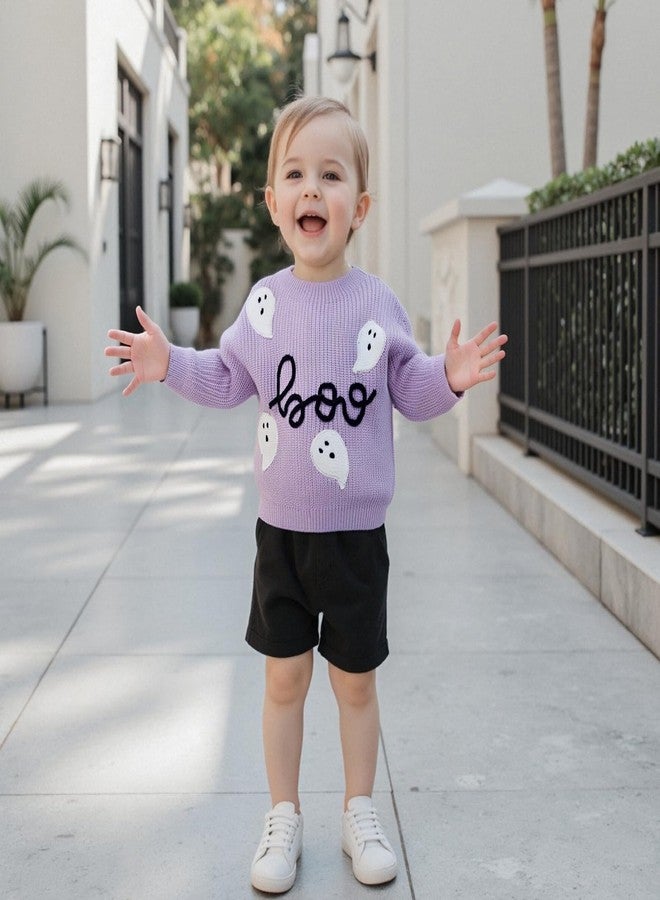 MoZiKQin Baby Halloween Outfit Boy Girl Pumpkin Sweater Ghost Embroidery Knit Sweatshirt Infant Toddler Halloween Clothes (Ghost Boo-Purple, 2-3 Years) - Image 2