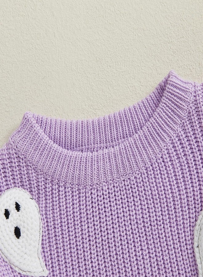 MoZiKQin Baby Halloween Outfit Boy Girl Pumpkin Sweater Ghost Embroidery Knit Sweatshirt Infant Toddler Halloween Clothes (Ghost Boo-Purple, 2-3 Years) - Image 4