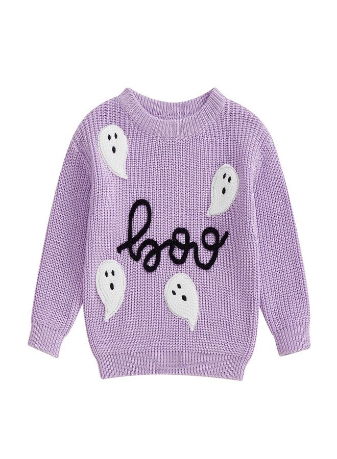 MoZiKQin Baby Halloween Outfit Boy Girl Pumpkin Sweater Ghost Embroidery Knit Sweatshirt Infant Toddler Halloween Clothes (Ghost Boo-Purple, 2-3 Years) - Image 1