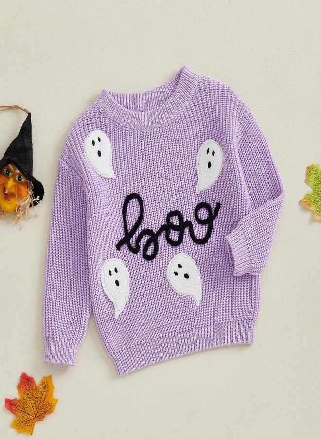 MoZiKQin Baby Halloween Outfit Boy Girl Pumpkin Sweater Ghost Embroidery Knit Sweatshirt Infant Toddler Halloween Clothes (Ghost Boo-Purple, 2-3 Years) - Image 3