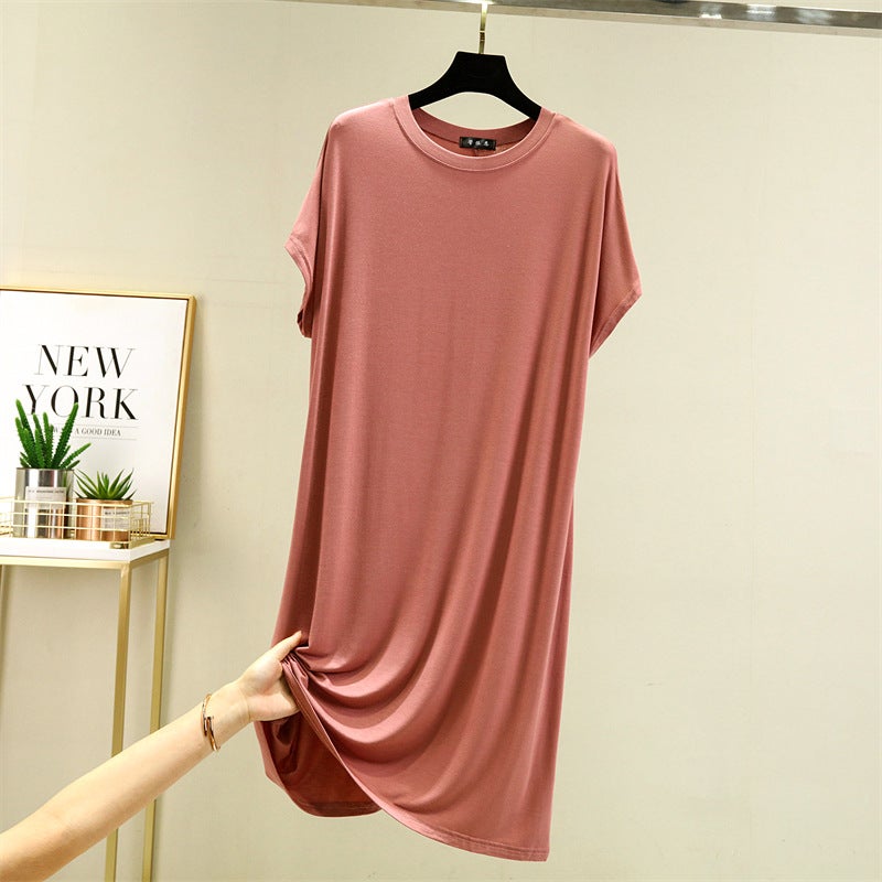 Modal Crewneck Dress Womens Thin Inner Base Skirt Loose Large Size Home Night Dress All-Match Mid-Length Skirt Lotus root starch 