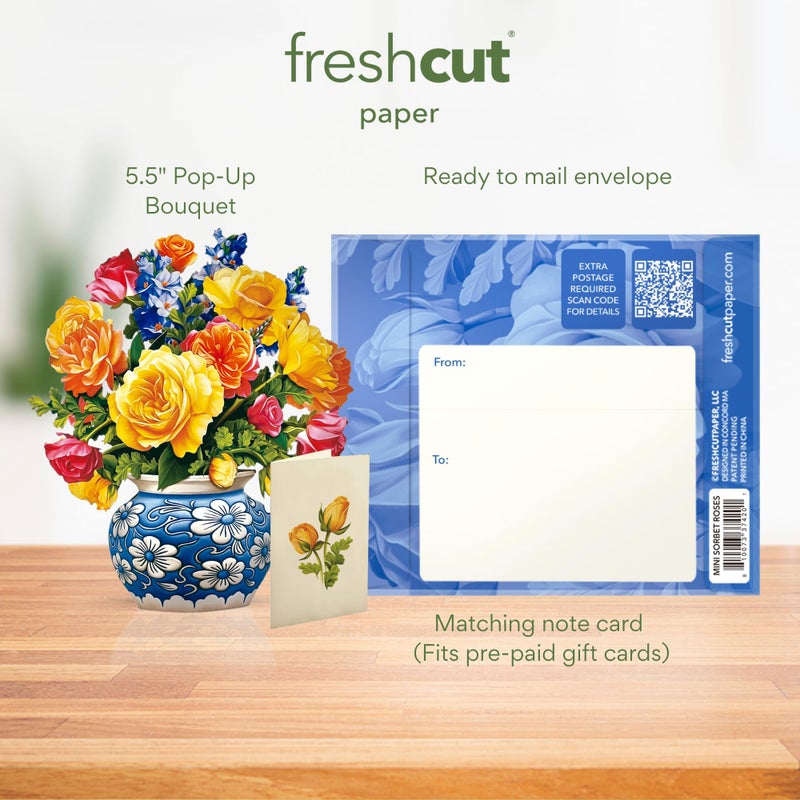 Freshcut Paper Pop Up Cards, Mini Sorbet Roses, 6 Inch Mini Sized Forever Flower Bouquet 3D Popup Greeting Cards, Birthday Cards, Thank You Card, Blank Notecard & Envelope - Image 3