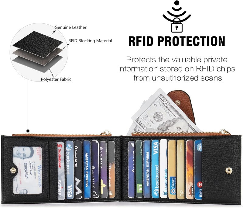 بوستانتن محافظ جلدية للنساء كبيرة مانعة لتقنية RFID رفيعة ثنائية الطية مع حامل بطاقات وجيب بسحاب بلون أسود وبني - Image 5