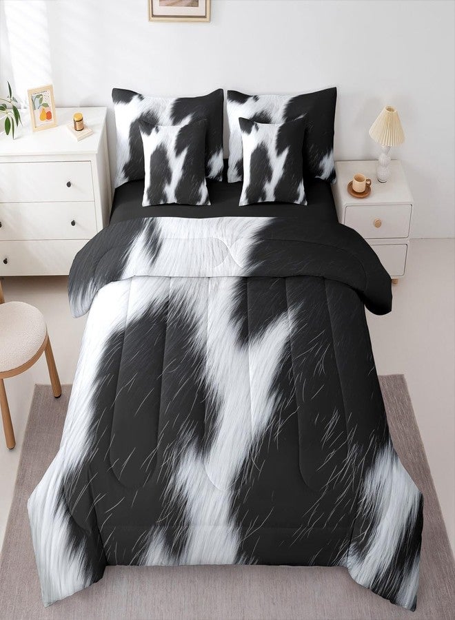 Erosebridal طقم مفروشات سرير من 7 قطع بنقشة جلد البقر من إيروسبريدال، مقاس كوين، أبيض وأسود، مصنوع من جلد البقر، طقم سرير كامل في حقيبة، تصميم ريفي غربي، لحاف مع ملاءات، أطقم أسرّة من جلد الحيوانات وشعرها، مناسبة لنمط المزرعة. - Image 1