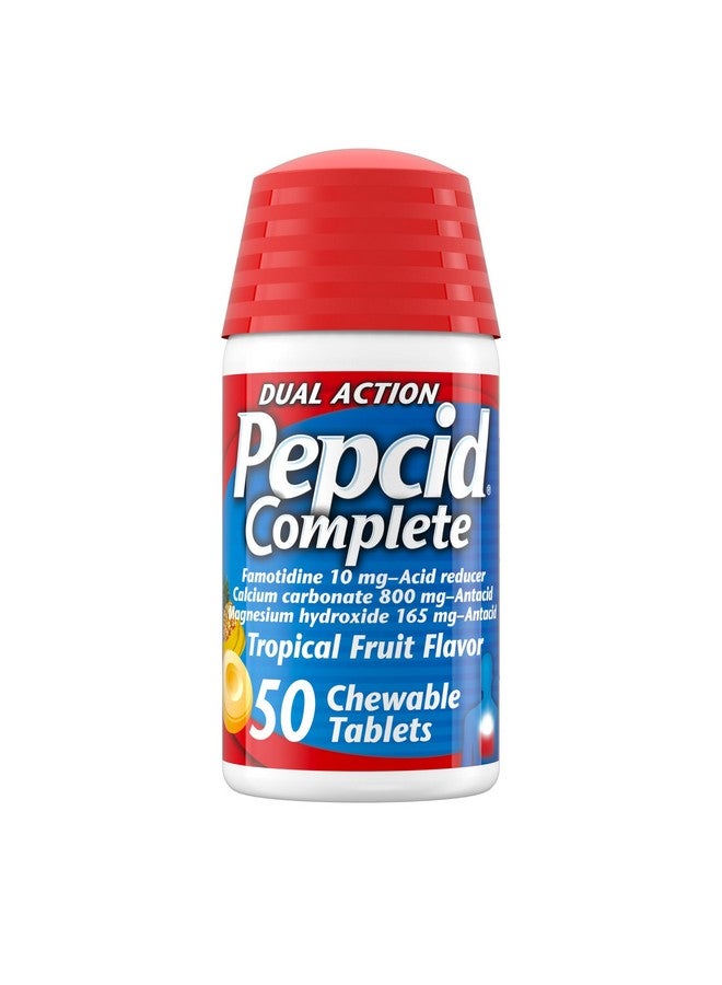 بيبسيد مخفض حموضة كامل + أقراص مضادة للحموضة، 10 مجم فاموتيدين، 800 مجم كربونات الكالسيوم و165 مجم هيدروكسيد المغنيسيوم لكل قرص، أقراص مضادة للحموضة لعلاج حرقة المعدة، فاكهة استوائية، 50 قرصًا - Image 1