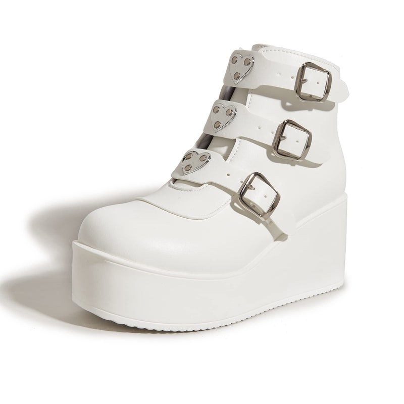 LUCKY STEP Women Platform Chunky Ankle Boots Round Toe Zipper Wedges High Heels Rave Buckle Thick Sole Goth Booties White8 BM US