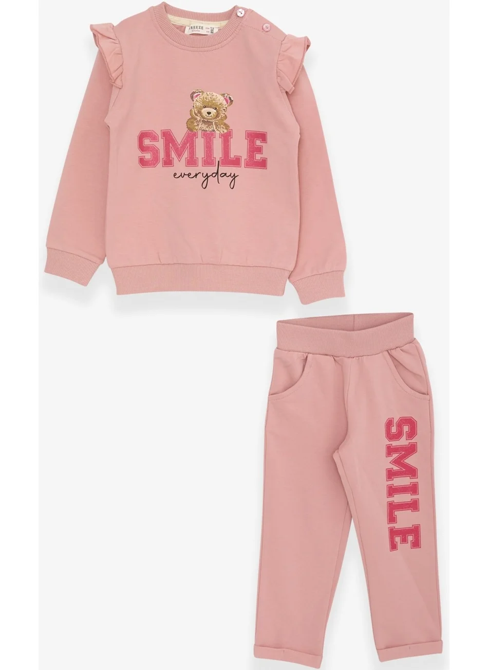 بريز Girls Tracksuit Set with Teddy Bear Glitter Text Print 1.5-5 Years, Salmon